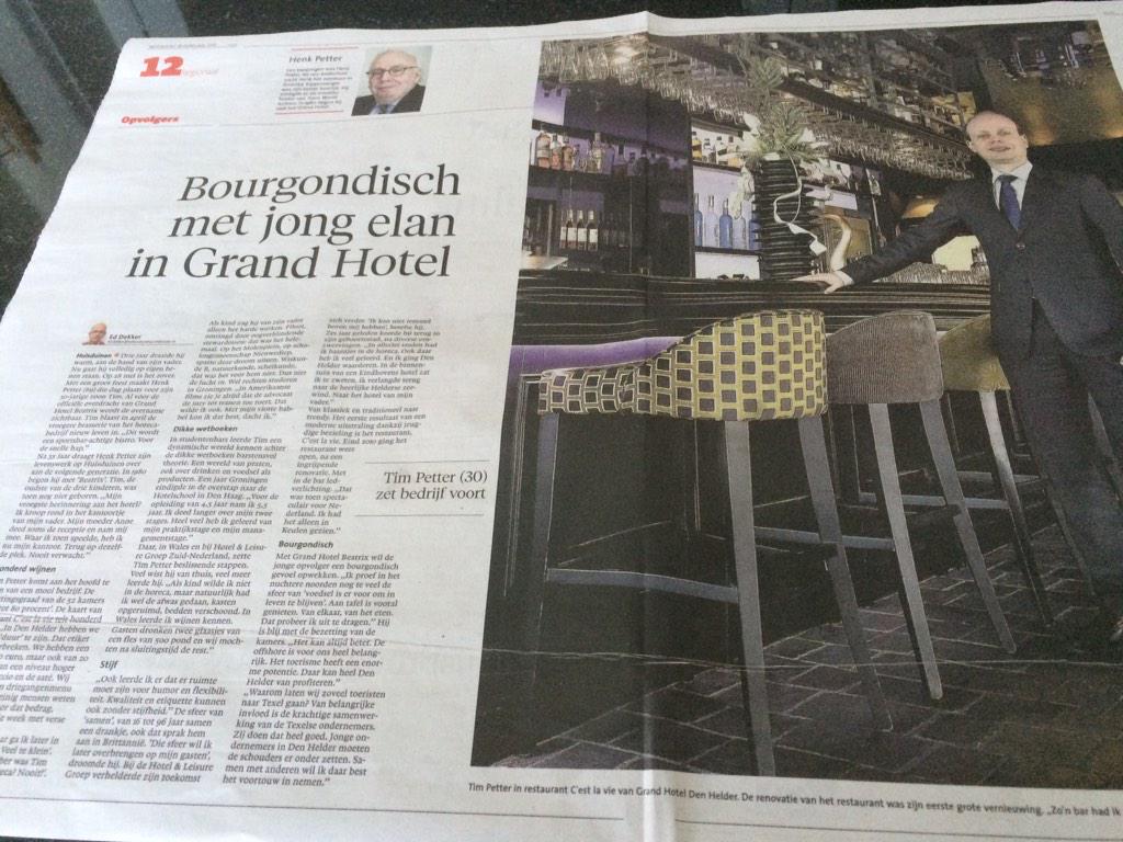Mooi artikel <a href="/NHDDenHelder/">NHD Den Helder</a>: nieuwe generatie in <a href="/BeatrixHotel/">Grand Hotel Beatrix</a> #DenHelder! Tim Petter, heel veel succes! <a href="/DHKDZ/">Dhkd Zfn</a>