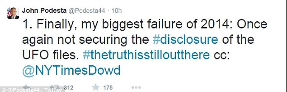 LastellaMichele's tweet photo. "Outgoing top #Obama aide John Podesta reveals his biggest regret about #Aliens #Discolure." http://t.co/VtNnpdfHym http://t.co/3vNVAhLJlv