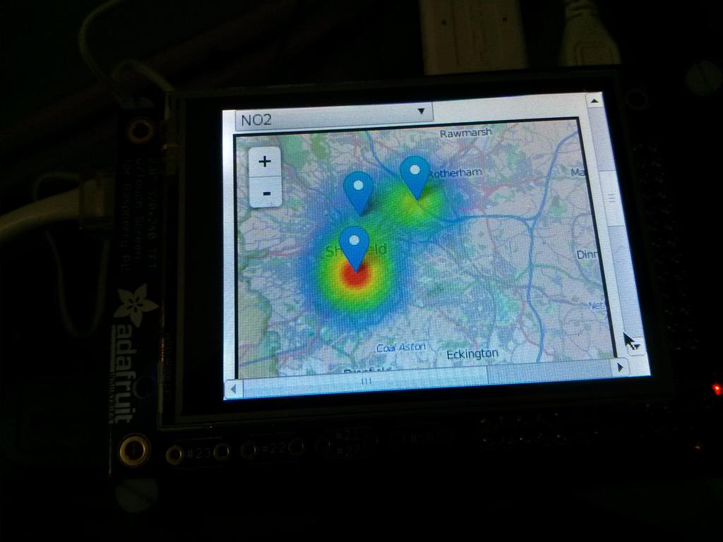 IIbbotson's tweet photo. Raspi open data kiosk for sheffield showing dynamic updating map of Air quality hotspots! Neato. #aqplus http://t.co/L7SL3cbYEH