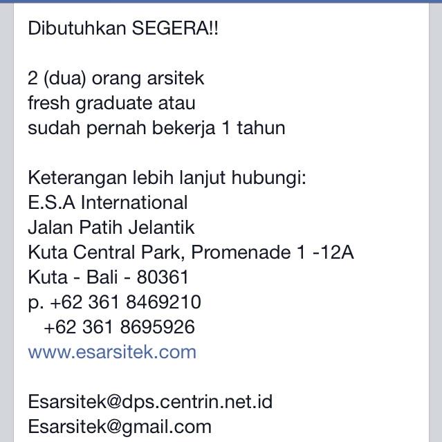 “<a href="/ars_unpar/">arsitektur unpar</a>: #lowongankerja arsitektur di E.S.A. International di Bali, esarsitek.com ”