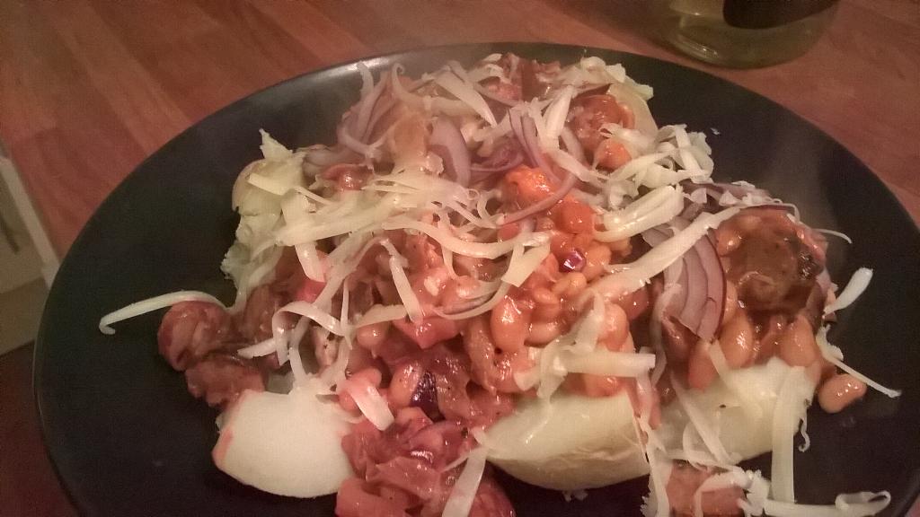 Todays recipe: Jacket with leftover sausage, chicken, baked beans and your favourite Single Scotch!
