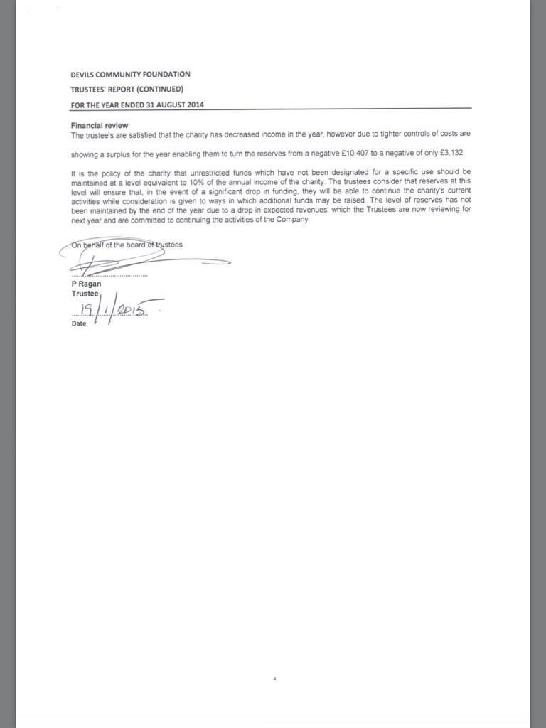 DevilsRumours's tweet image. Paul Ragan left the DCF in the summer right? Wrong! Here is a document sent to the charities commission signed Jan!!