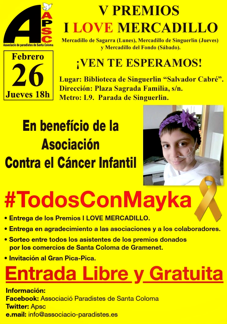 Els premis I Love Mercadillo es lliuren dijous 26 a la Bibl. Singuerlín amb finalitats solidàries amb <a href="/todosconmayka/">Todos Con Mayka</a>