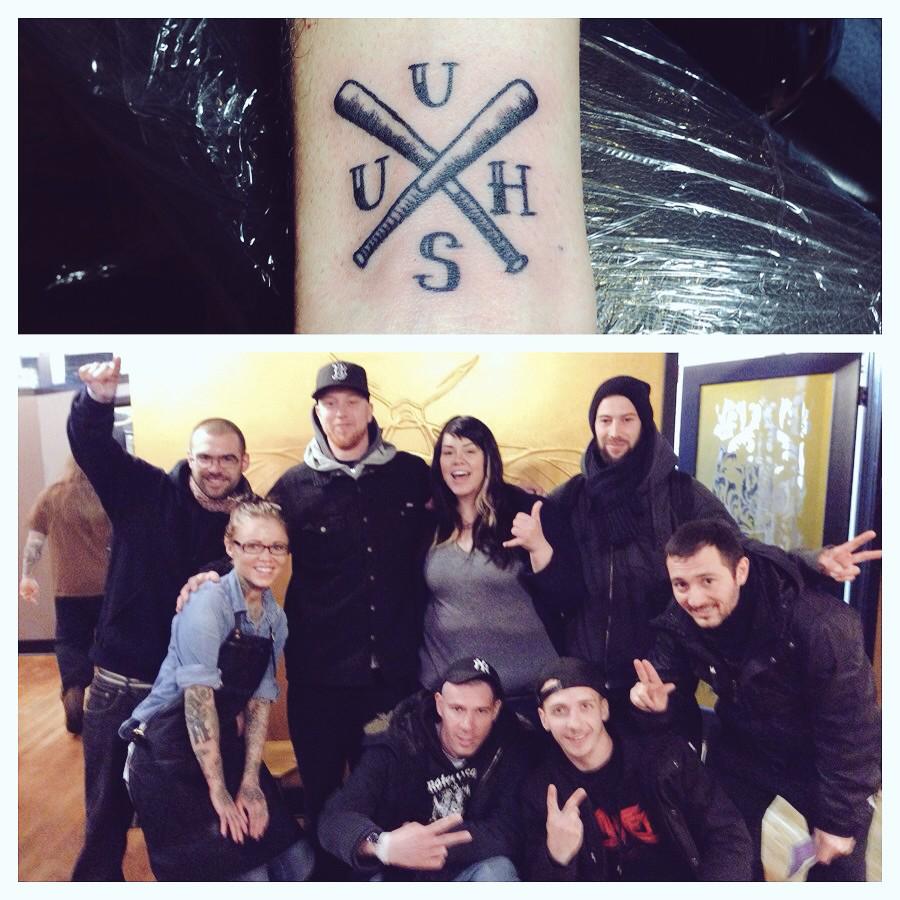 tiffybot's tweet photo. Steph and I tattooing six dudes from France on their US tour. Thanks #ultimhate! http://t.co/zXSGdz4pXn