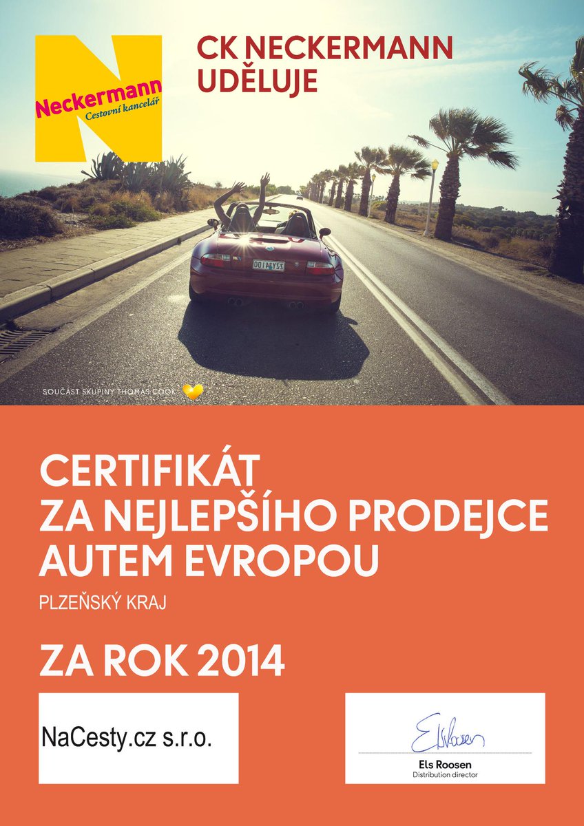 Od cestovní kanceláře Neckermann jsme obdrželi ocenění za rok 2014. Jsme rádi, že jsme nejlepší prodejce v Plzni!