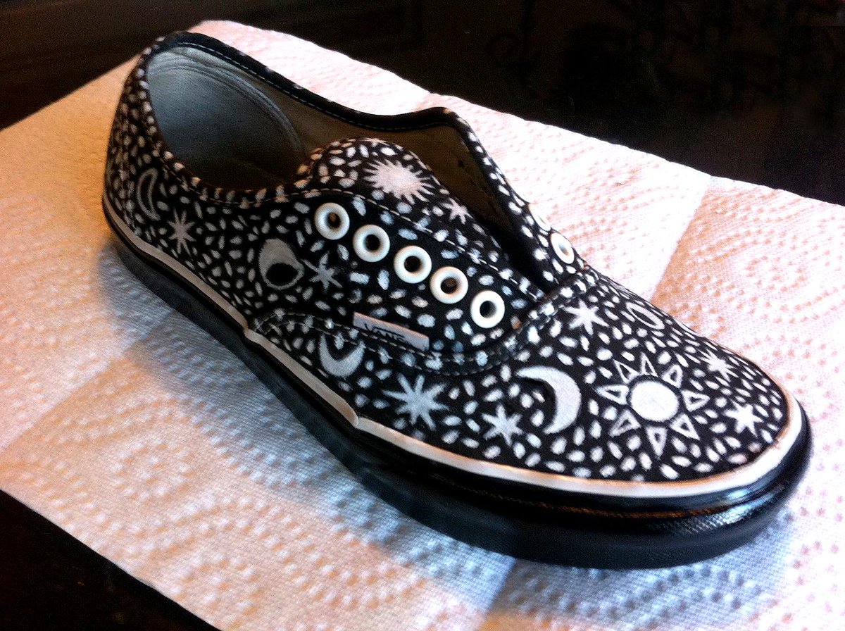 Customizing Kelly's Vans with sun and moon artwork and black soles :)