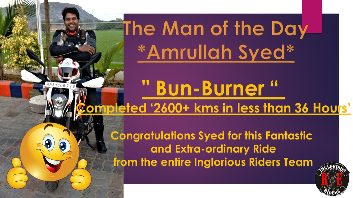 IngloriousRidez's tweet photo. Tons of Congratulations Syed Bhai..!!! 
" 2600+ kms in less than 36 hours " - Bun-Burner Ride done with Power &amp; Pride http://t.co/jbcyOC3Vr1