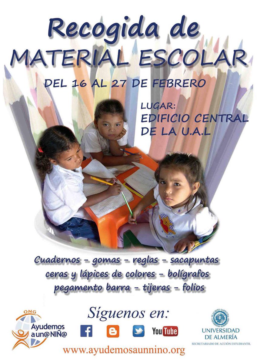 AEESAL's tweet photo. Desde el 16 hasta el 27 de febrero tiene lugar la recogida de material escolar en el hall del Edificio Central http://t.co/xdAB0DmHAR