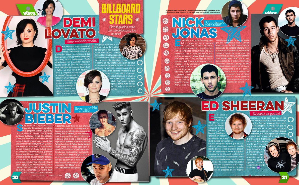 revgeneracion21's tweet photo. ¡Billboard Stars! @ddlovato @nickjonas @justinbieber @edsheeran en #G21deFeb ¿Te quedarías sin ella? http://t.co/HuJbv4qomq