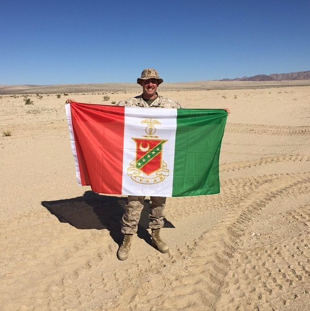 Cpl. Tyler Simpson (<a href="/KappaSigRhoRho/">ΚΣ ABAC</a>​) showing off his #KappaSigma pride in the Mojave Desert yesterday! #AEKDB
