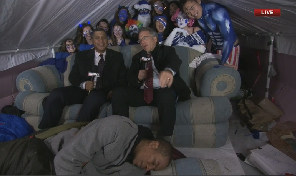 SportsCenter's tweet photo. SportsCenter is live from a couch in somebody's tent in Krzyzewskiville. http://t.co/oW1R73GAPE