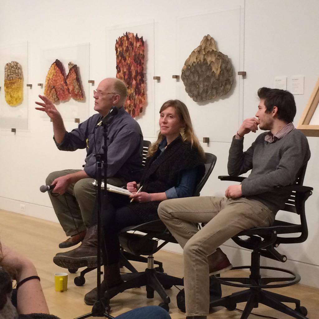 DePaulArtMuseum's tweet photo. Head Farmer John, artist Julia Goodman and Andrew, who started as a farmhand @AngelicOrganics! #rootedinsoil http://t.co/yw6CkYNG90