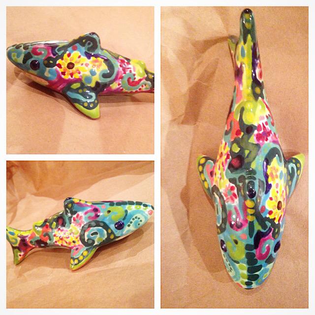 Seawhisped's tweet photo. For Valentines Day my Date and I painted pottery. This shark is an #ocean #fiesta!  #ceramics #shark #potterypainting http://t.co/TgblNoxhx4
