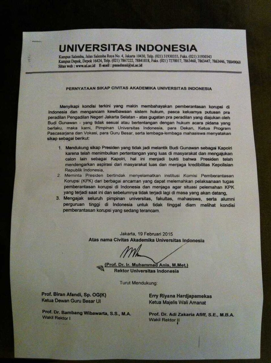 Pernyataan Sikap Universitas Indonesia <a href="/Univ_Indonesia/">UniversitasIndonesia</a> untuk #SaveKPK di Salemba Hari Ini, Kamis (19/2),
