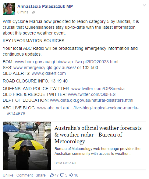 TheAviator1992's tweet photo. Palaszczuk keeping up that long-standing tradition of QLD Labor being amazing in a crisis. #TCMarcia #CycloneMarcia http://t.co/QXilZV5Cae