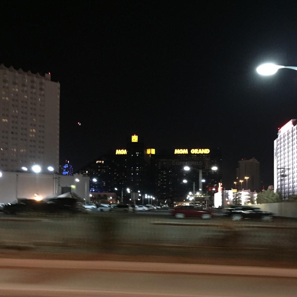 Rebeksy's tweet photo. Weird seeing the MGM all dark! We're used to the Kelly green! @DimLights4Tark #unlvmbb #RIPCoachTark #DimLights4Tark http://t.co/wbKxzT9lbY