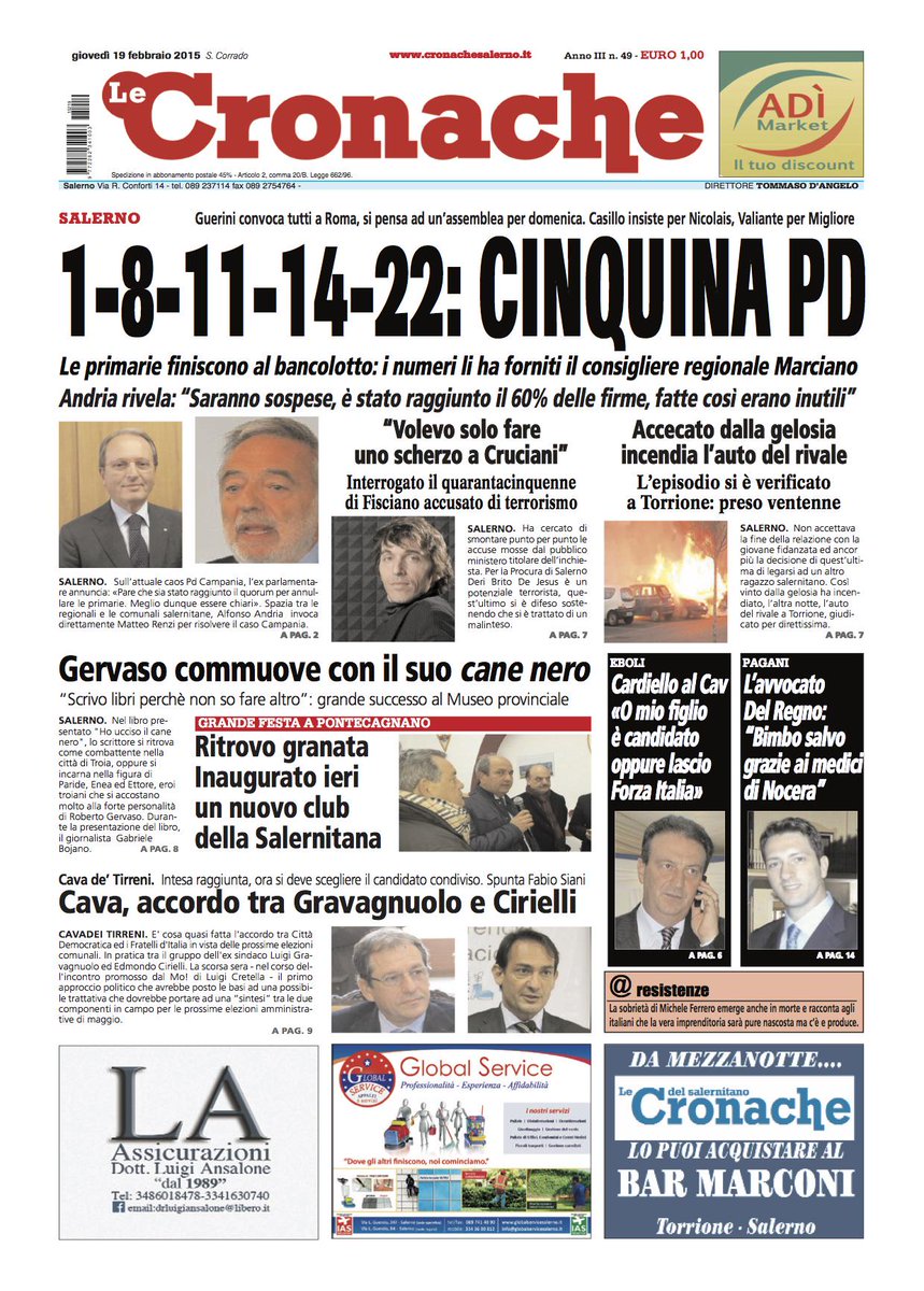 lecronache's tweet photo. La prima pagina di oggi di @cronachesalerno 
Ci trovi anche su http://t.co/nycacQMleZ   
#salerno #provincia http://t.co/eVL14RJSX3