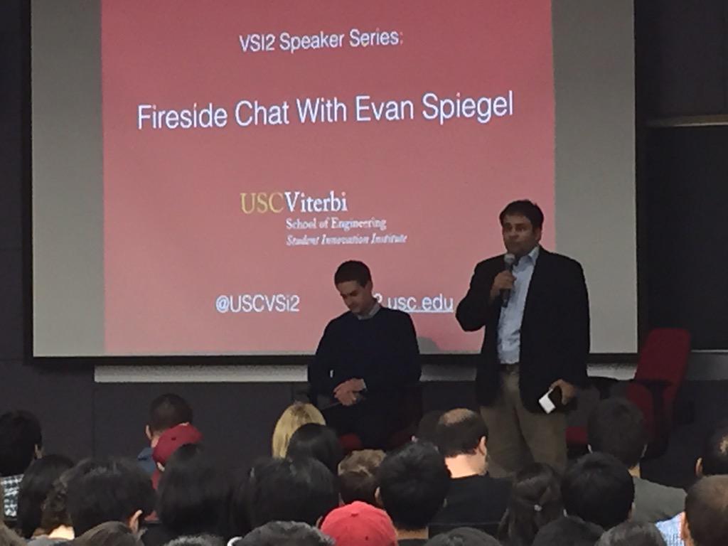 Thanks to <a href="/evanspiegel/">Evan Spiegel</a> and <a href="/USCViterbi/">USC Viterbi School</a> for an awesome talk about #snapchat at #USC. Can't wait for the new #features