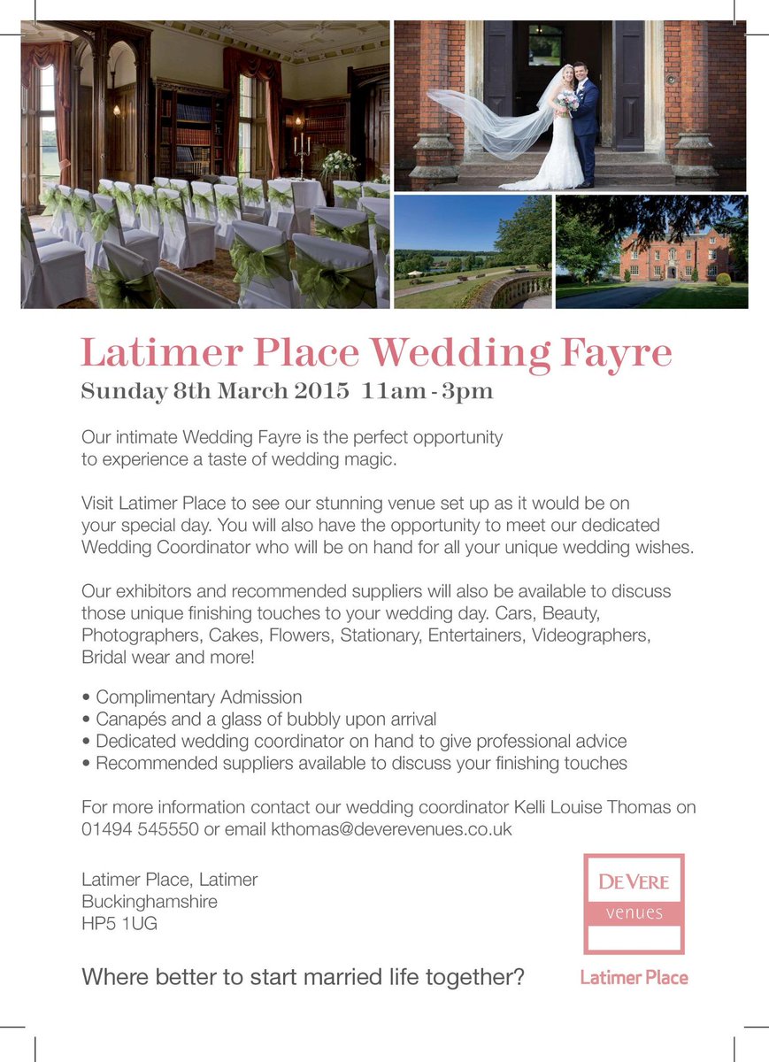 Save the date for our upcoming #weddingfair <a href="/DeVereLatimer/">Latimer Place</a> Sunday 8th March 2015 11am-3pm