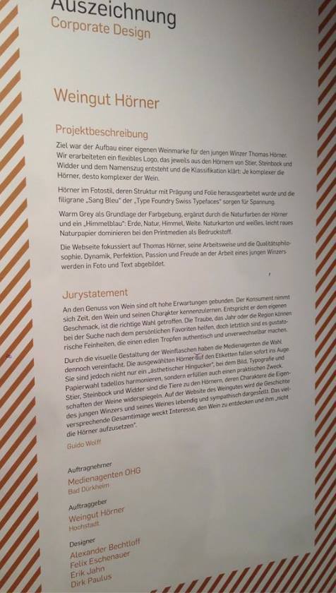 Auszeichnung für unsere Arbeit „Weingut Hörner“ vom Designforum #descom.
Mehr: bit.ly/1LeHBUN #agentendesign