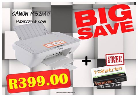 Canon MG2440 3 in 1 Colour Printer + Free Ream of paper
for ONLY R399 vat incl.
T's &amp; C's Apply