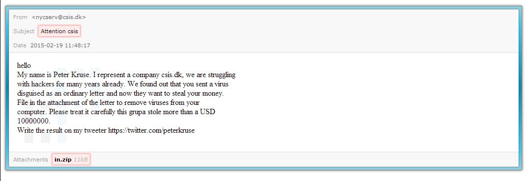 peterkruse's tweet photo. If you have received an e-mail with the subject: "Attention CSIS" and a zip file attached, please delete #dyreza http://t.co/vf7KcV7h9G
