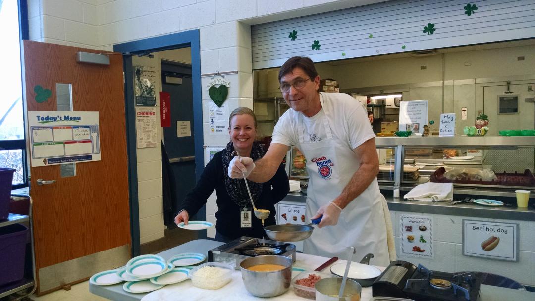GoreyTeach's tweet photo. Teachers having fun serving breakfast to student pasta for pennies raffle winners this morning #d60learns http://t.co/2HhW8bNT7S