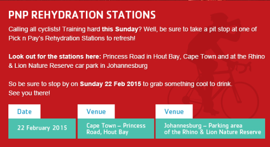 PicknPay's tweet photo. Training hard for the #PnPCycle Tour CT &amp; JHB? Stop by our #rehydrationstation on Sun &amp; cool down. See you there! ツ http://t.co/oVJ6rn7NBp