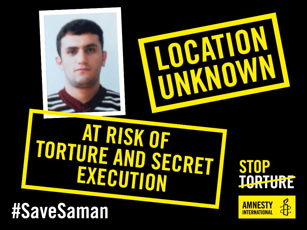amnesty's tweet photo. Saman's life remains at risk. We don't know where he is, or if he's been executed in secret. @khamenei_ir #SaveSaman http://t.co/1aRuLHRFgW