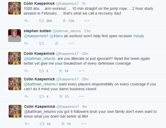 HisAndHers's tweet photo. A Twitter follower tried to make a joke out of Colin Kaepernick's offseason workouts...#DoinTooMuch http://t.co/tmbiwN2Dk8