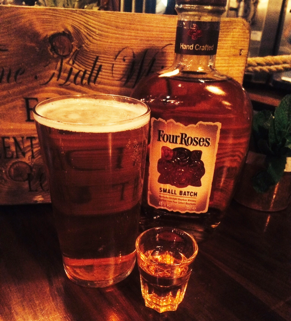 BigEasyLondon's tweet photo. Go on treat yourself to a Boilermaker, pint of @MeantimeBrewing with a side of Four Roses @spiritcartel. #LDNBeerWeek http://t.co/x32BiO364y