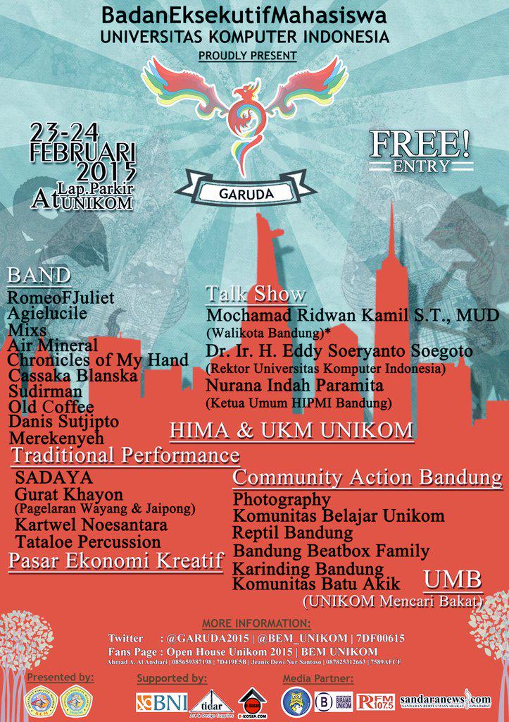 GARUDA2015's tweet photo. @BEM_UNIKOM proudly present Open House UNIKOM 2015 @GARUDA2015 | 23-24 Februari | FREE!! cc: @infounikom @PersBirama http://t.co/WeLmOvrA2H