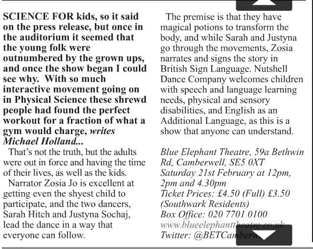 Lisekit's tweet image. Great review for #PhysicalScience in S'wark News - "the adults were out in force and having the time of their lives."
