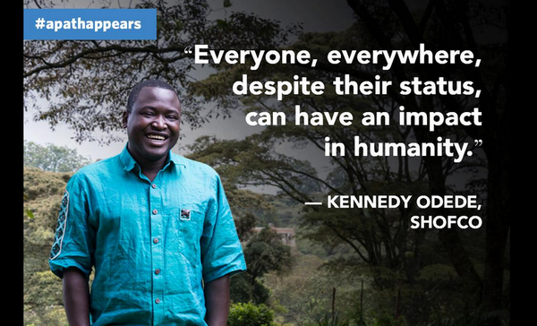 Love this quote from <a href="/hope2shine/">SHOFCO</a>'s <a href="/KennedyOdede/">Kennedy Odede</a> "Everyone, everywhere, despite their status, can…impact…humanity."