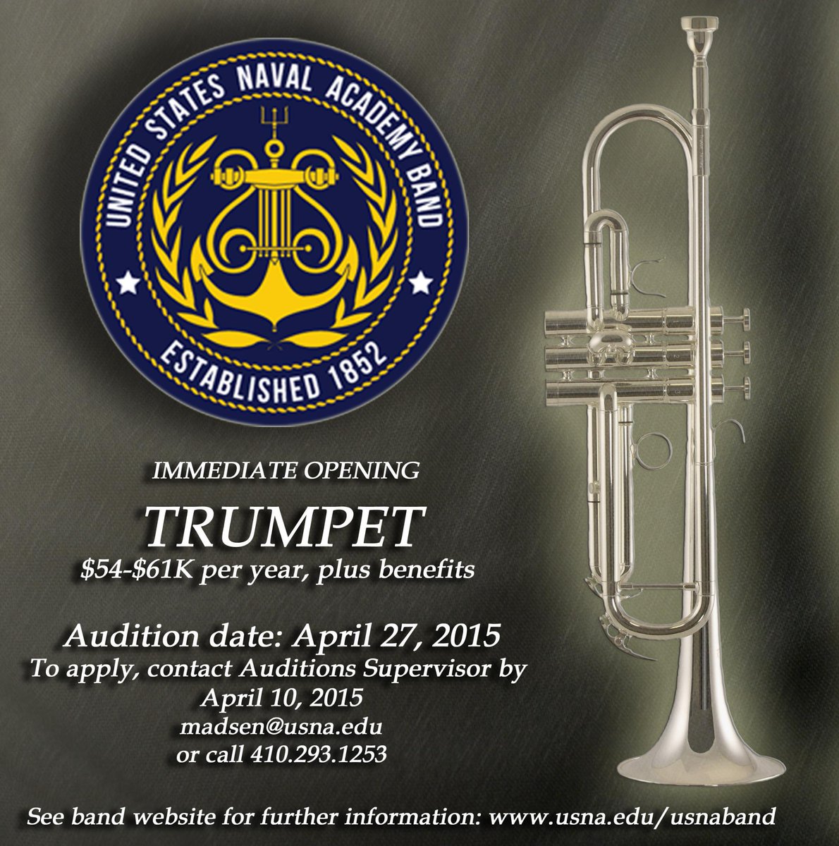 USNAband's tweet photo. The USNAB is having an audition for trumpet instrumentalist.
#trumpet #jobs @TrumpetGuild @The_AFM @trumpetherald http://t.co/LKz954WFZj