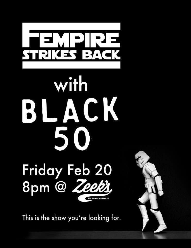 zeeksrexburg's tweet photo. Fri. 2/20 -Black 50 and Fempire (rock)
SHOWS START AT 8 SEE YOU THERE! http://t.co/UIwCVRgLxz