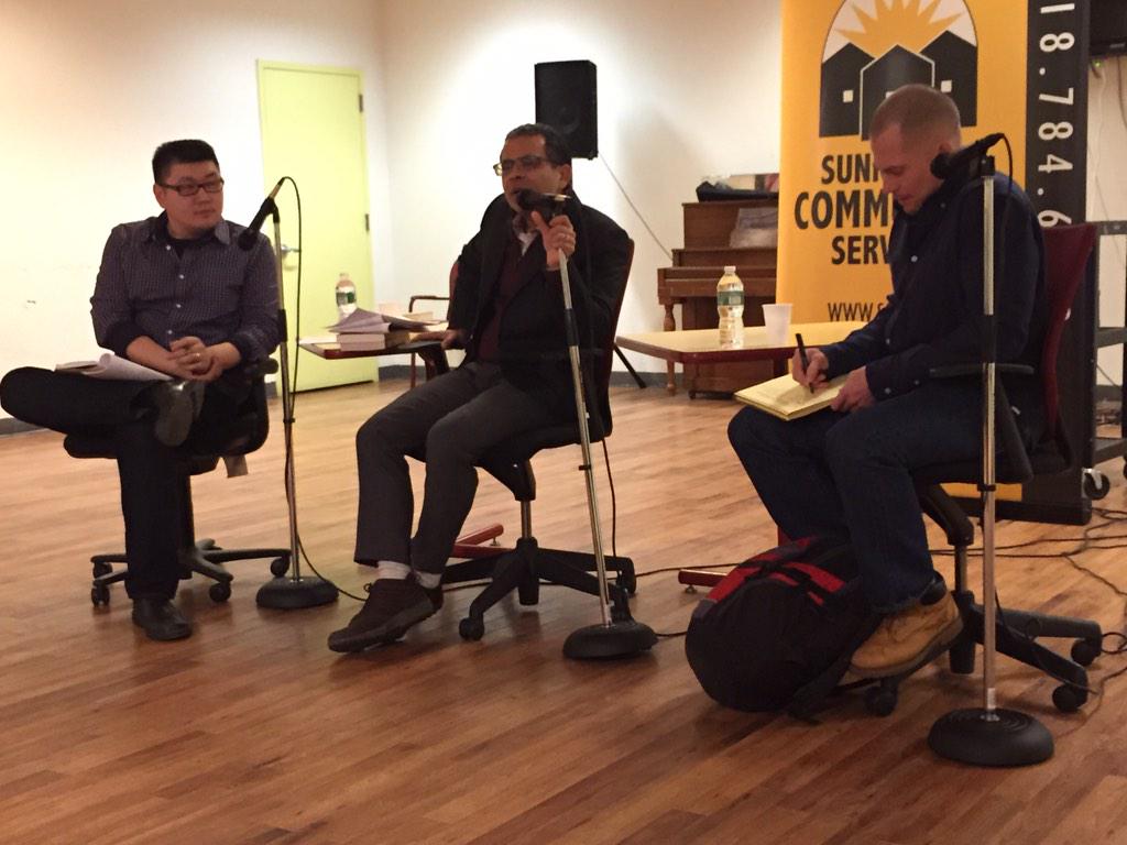 CatherineLaSota's tweet photo. #QueensLit... Talking about what it means to write about Queens... #BillCheng #AkhilSharma #AtticusLish http://t.co/0ega9NLcaF
