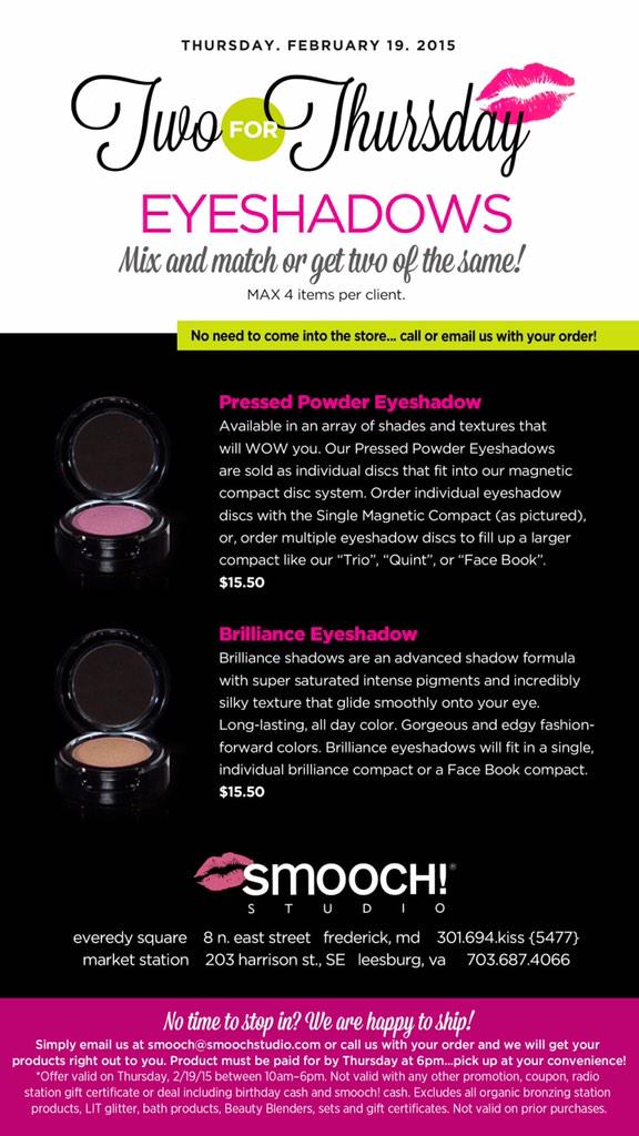 Smoochstudioxo's tweet photo. It's not too late! Eyeshadows are BOGO free. Get your order in by 6pm and remember, we ship! http://t.co/o67aLQGmtd