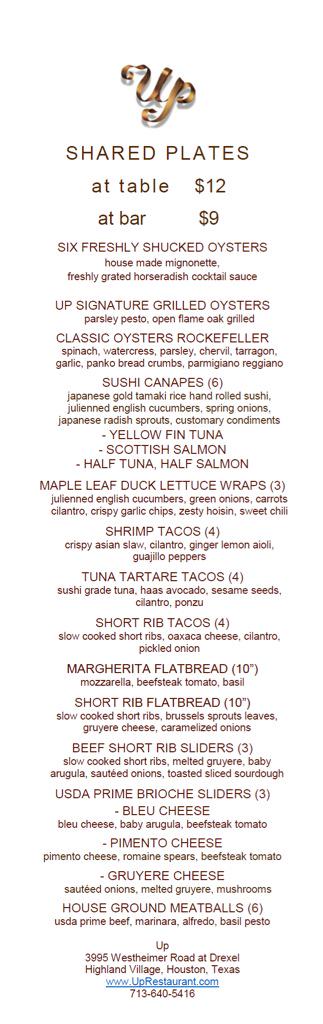 UpHouston's tweet image. We invite you to enjoy our new sharing plates menu. Served from 5 pm to closing. From $9-$12. 713-640-5416.