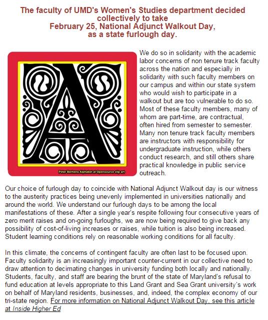 WGSSUMD's tweet photo. Our #UMD department #faculty will collectively take 2/25 as a #MD #furlough day #nawd .@presidentloh .@StateMaryland http://t.co/bAycxmJoDa