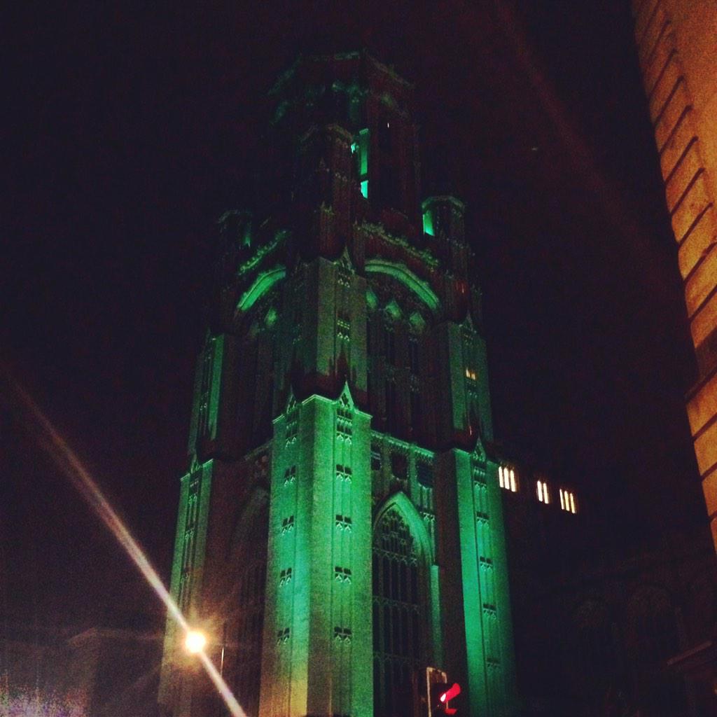 WillsMemorialBuilding glowing green for @Bristol_2015 (or for @WickedUKTour at @BristolHipp whichever)! #emeraldcity