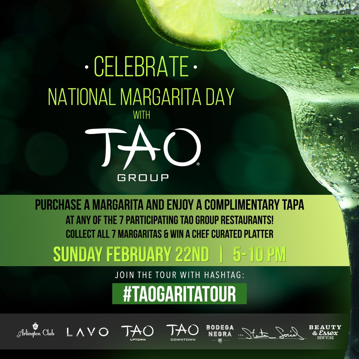 You're invited on the #TAOgaritaTour this Sunday! Order a Margarita and receive a complimentary Tapa. #NYConly