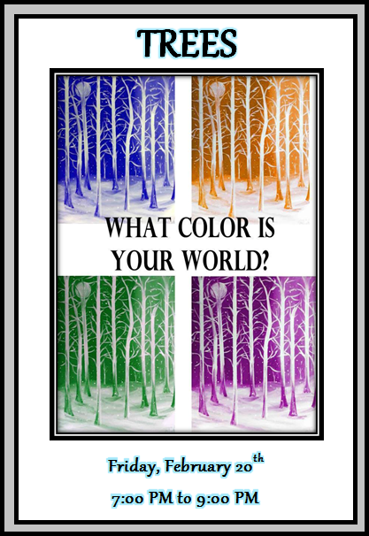 TREES - pick your color and paint your trees Feb 20 7:00p - 9:00p
#CapeCodArtBar #MashpeeCommons #ArtBar #PaintBar