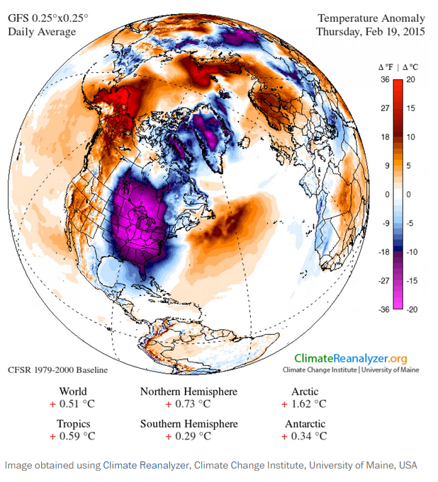 washingtonpost's tweet photo. The eastern U.S. is by far the coldest place in the world compared to average today http://t.co/tRoZjY7FZp http://t.co/4baSzPFAAY
