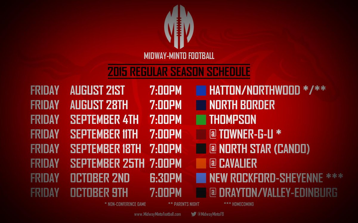 MidwayMintoFB's tweet photo. Updated 2015 football schedule (corrected a mistake on the date of the Thompson game) http://t.co/Av888QhBoa