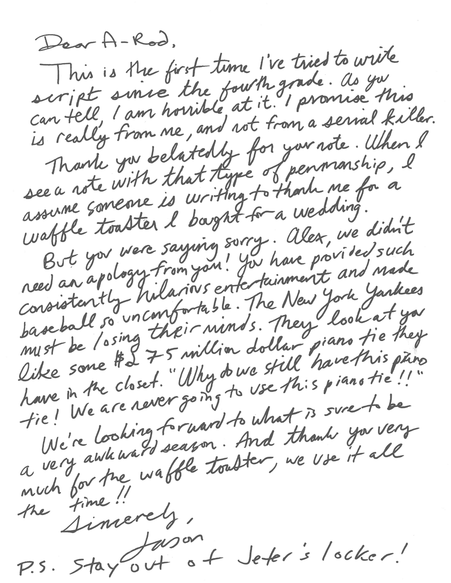 WSJ's tweet image. A-Rod handwrote an apology letter to fans this week. @JasonWSJ's response: on.wsj.com/17x55rd
