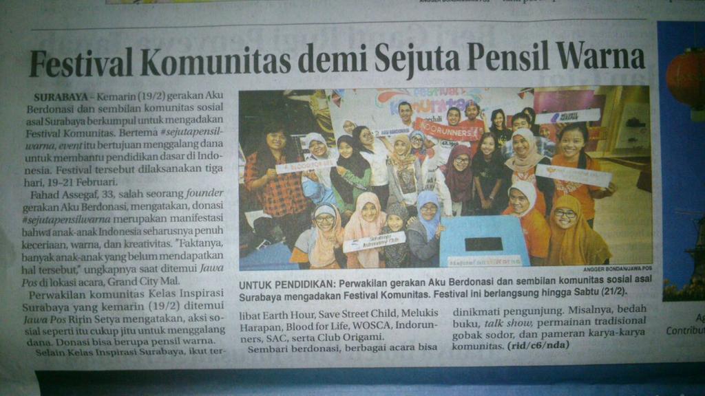 Festival Komunitas Peduli #SejutaPensilWarna, Hari ini dimuat di #JawaPos.cc <a href="/KlsInspirasiSBY/">Kelas Inspirasi Surabaya</a> <a href="/melukisharapan/">Melukis Harapan</a>