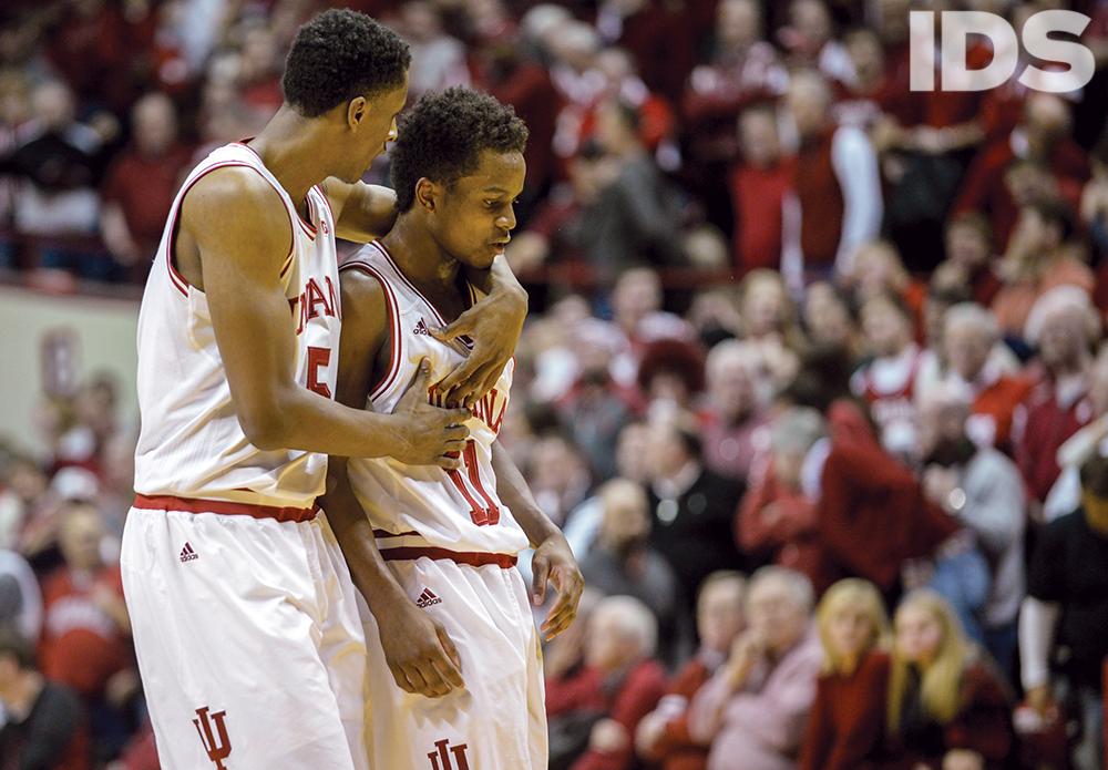 Yogi, comforted by Troy Williams after missing a potential game-winning shot. Purdue 67, IU 63. PHOTO: <a href="/Ben_Mikesell/">Ben Mikesell</a>