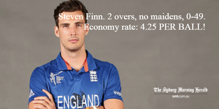 _TheTonk's tweet photo. Steven Finn tonked for 49 off just two overs. Time for a spell #CWC15 #WorldCup #NZvENG  http://t.co/THkGicba73 http://t.co/LtUbjRXA3x