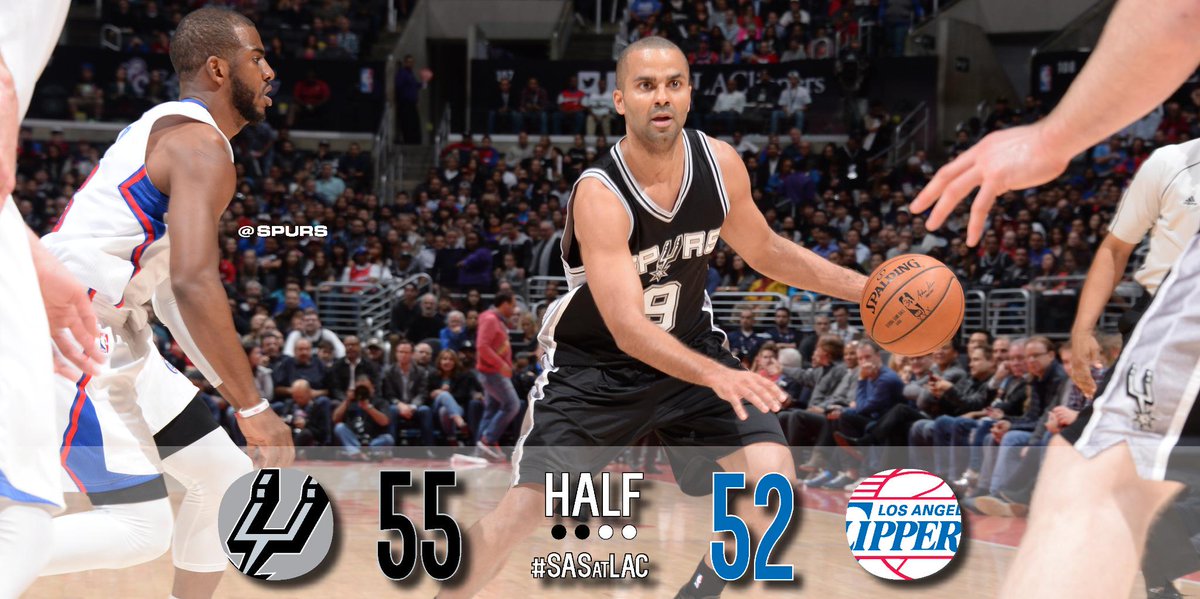 spurs's tweet image. At the HALF, Spurs lead Clippers 55-52. #SASatLAC